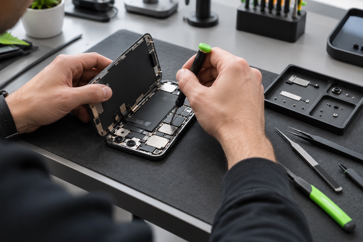 Smartphone-Reparatur an einem professionellen Arbeitsplatz